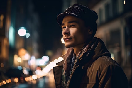 Handsome young man in the city at night, outdoor shotの素材