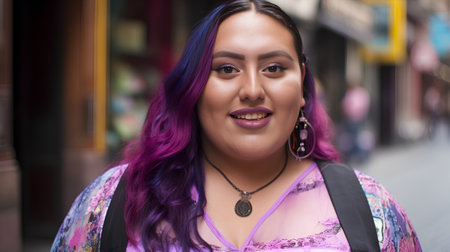Close up portrait of a beautiful young woman with purple hair in the cityの素材
