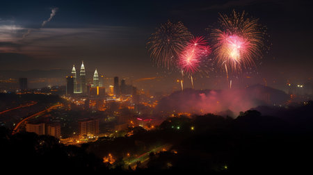 Beautiful firework show over Kuala Lumpur skyline at night, Malaysiaの素材