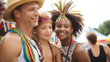 Portrait of happy young couple with daughter at hippie party outdoorsの素材