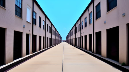 Modern row of office building with blue sky in background, perspective viewの素材
