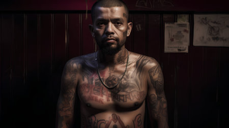 Portrait of a man with tattoos on his body posing in a dark roomの素材