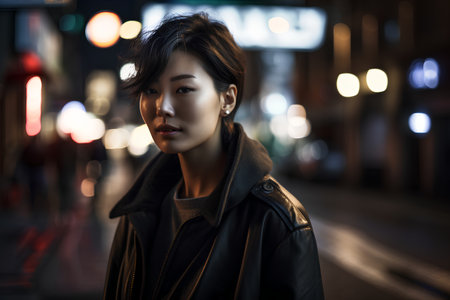 portrait of young beautiful asian woman in the city at nightの素材