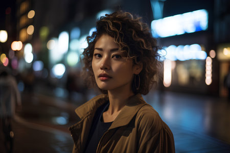 Portrait of young beautiful woman with curly hair in the city at nightの素材