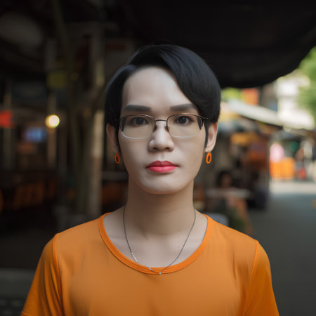Portrait of beautiful Asian woman in orange shirt and eyeglasses.の素材