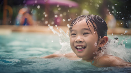 Happy asian little girl in swimming pool with splashing water.の素材