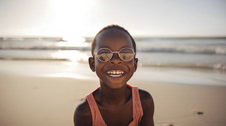 Portrait of a smiling african american woman wearing sunglasses at the beachの素材