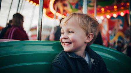 Adorable little boy having fun on merry-go-round in amusement parkの素材