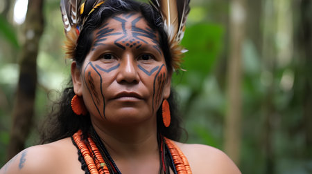 Portrait of native american woman with tribal face painting in the jungle.の素材