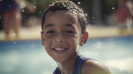 Portrait of a boy in a swimming pool smiling at the cameraの素材
