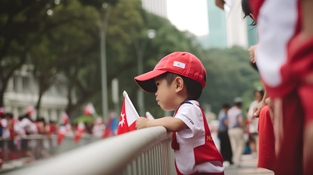 A boy in a red baseball cap holding a flag of China.の素材