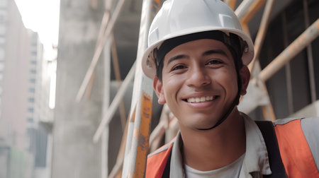 Portrait of a young Asian construction engineer smiling at the camera.の素材