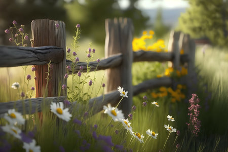 Wildflowers and wooden fence in the meadow at sunset.の素材