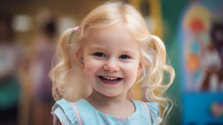 Portrait of a smiling little girl with blond hair and blue eyesの素材