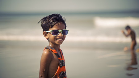 Portrait of a cute little boy wearing sunglasses and smiling at the beachの素材