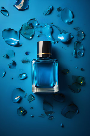 Bottle of perfume on blue background with water drops. 3d renderingの素材