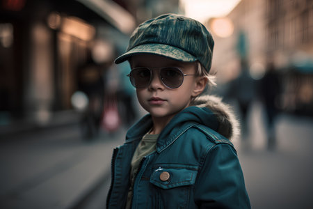 Portrait of little boy in a hat and sunglasses on the streetの素材