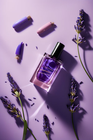 Nail polish bottle and lavender flowers on purple background. Top viewの素材