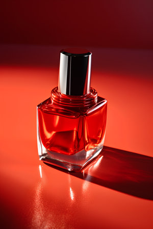 Red nail polish bottle on a red background. Beauty and fashion concept.の素材