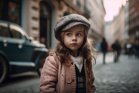 Portrait of a cute little girl in a beret and coat on the streetの素材