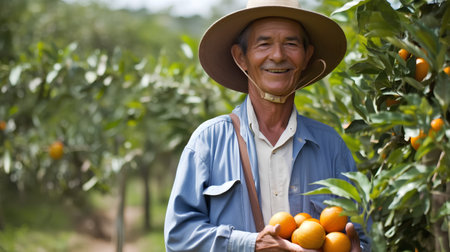 Portrait of happy senior man picking mandarins in orchardの素材