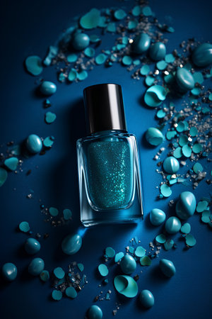 Nail polish bottle with turquoise beads on blue background.の素材