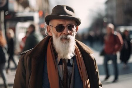Old man with a gray beard in a hat and sunglasses on the streetの素材