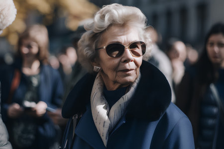 Portrait of an elderly woman in sunglasses on a city street.の素材