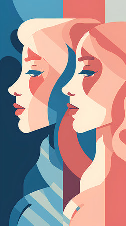 Two beautiful women in profile. Vector illustration of a girl's face.の素材