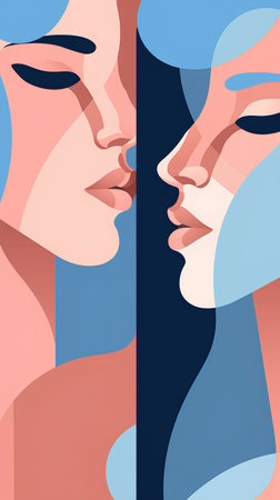 Vector illustration of two female faces in profile. Conceptual portrait of two women.の素材
