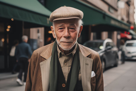 Portrait of an old man in a cap and coat walking in the cityの素材