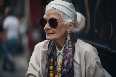 Portrait of a beautiful senior woman in sunglasses with scarf on her headの素材