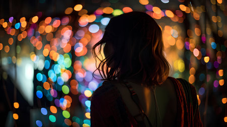 Girl with long hair standing in front of bokeh lights.の素材