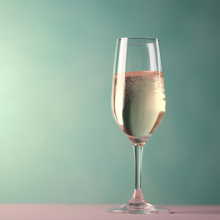 Glass of champagne on a blue background, close-up, copy spaceの素材