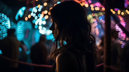 Silhouette of a girl in a night club with lights on the backgroundの素材