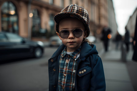 A portrait of a little boy in a cap and sunglasses on the streetの素材