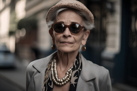 Portrait of an elderly woman in a hat and sunglasses on the streetの素材