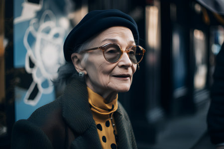 portrait of senior woman in eyeglasses and coat on streetの素材