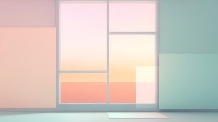 3D rendering of an empty room with a large window and curtainsの素材