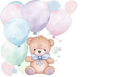Watercolor illustration of a cute teddy bear with a bow and balloonsの素材