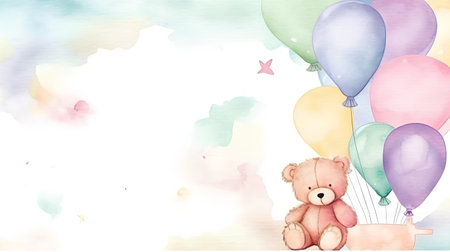 Teddy bear with balloons on watercolor background. Vector illustration.の素材