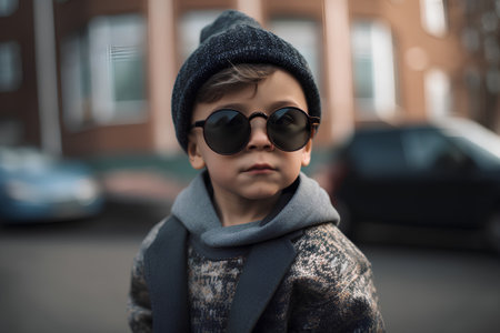 Portrait of a cute little boy in sunglasses on the street.の素材