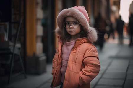 Portrait of a little girl in a pink coat on the streetの素材