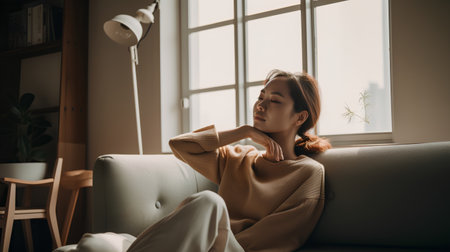 Young asian woman sitting on sofa in living room at home.の素材