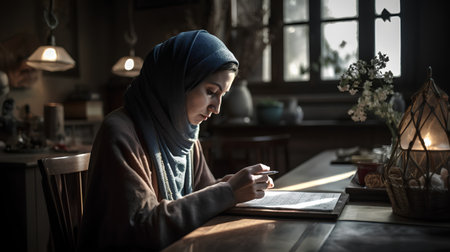 Muslim woman reading a book while sitting at a table in a cafeの素材