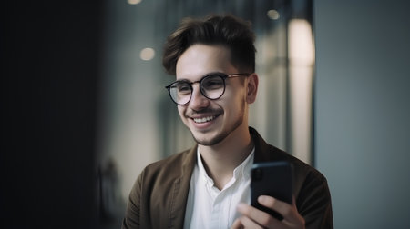 Portrait of a smiling young man using mobile phone in the officeの素材