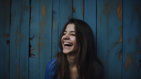 Young woman laughing and looking at the camera on a blue wooden backgroundの素材