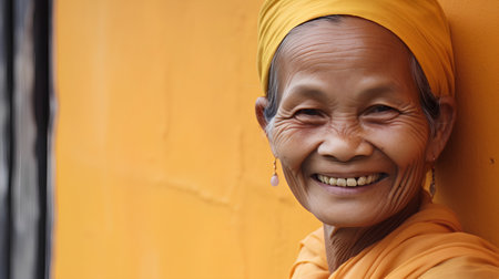 Portrait of an elderly Burmese woman smiling at the camera.の素材