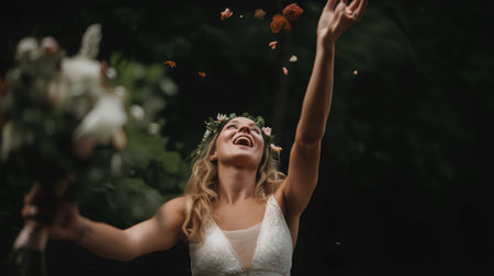 Beautiful blonde bride in a wreath of roses in the forest.の素材