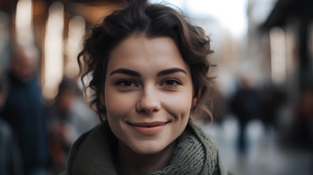 Portrait of a beautiful young woman with curly hairstyle in the cityの素材